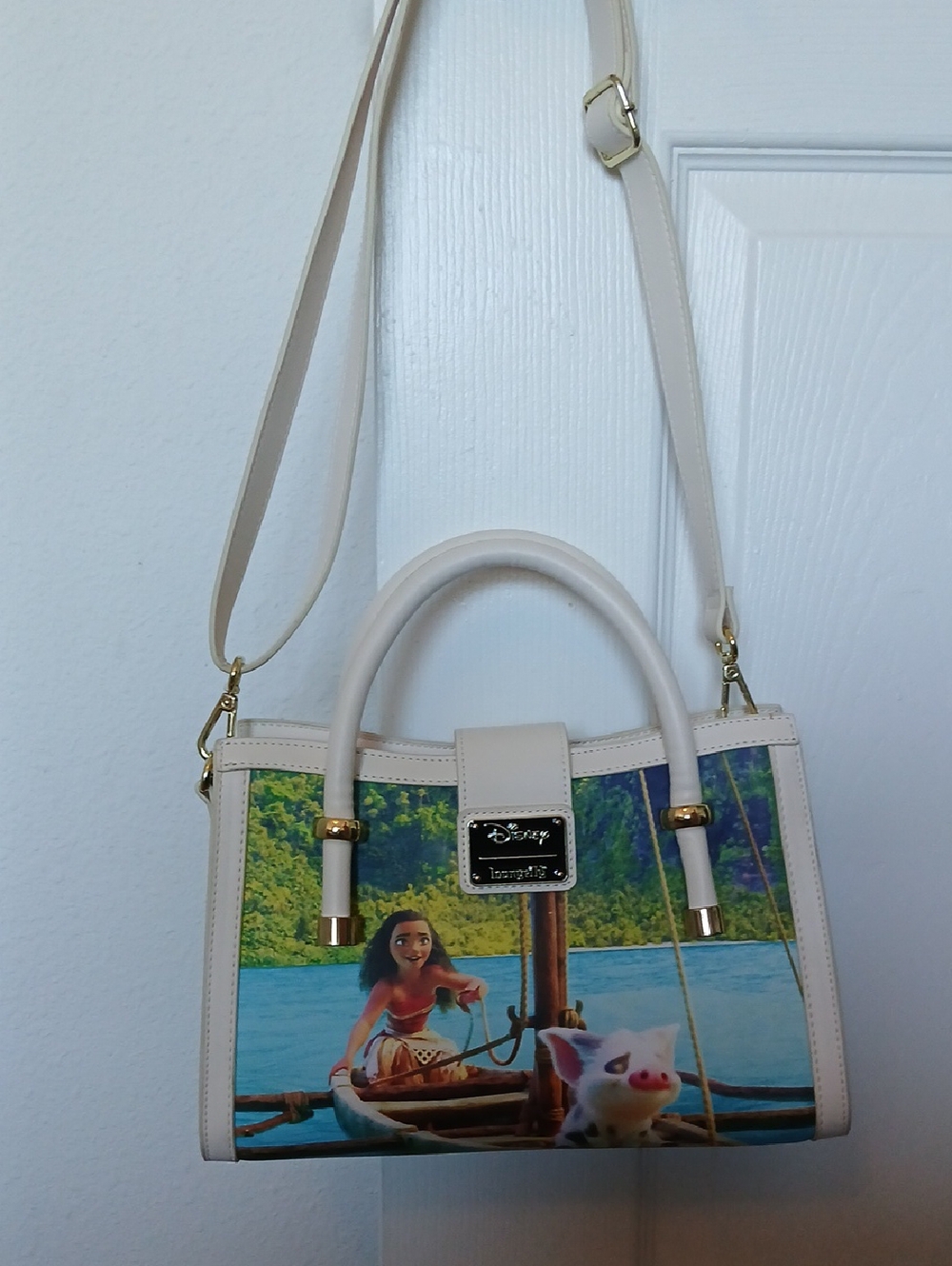 Disney Cream Moana Print Satchel with Gold Hardware
